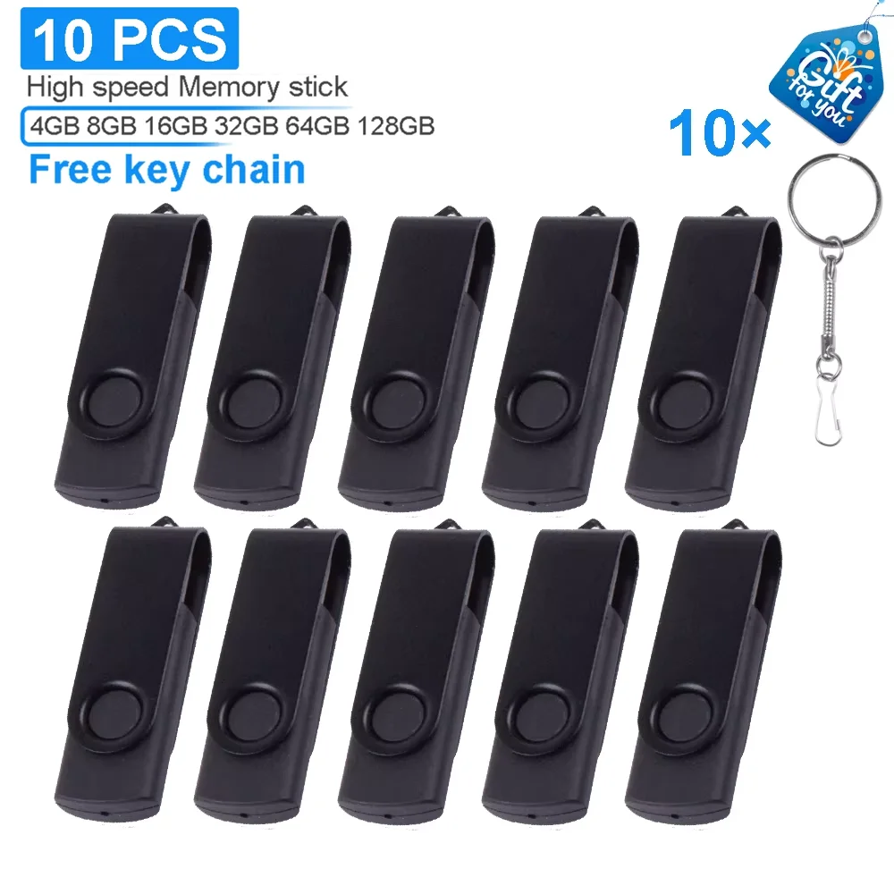 10pcs/lot USB Flash Drive Blue Rotatable 128GB 100% Real Capacity Memory Stick 64GB Free Key Chain Pen Drive 32GB Business Gift