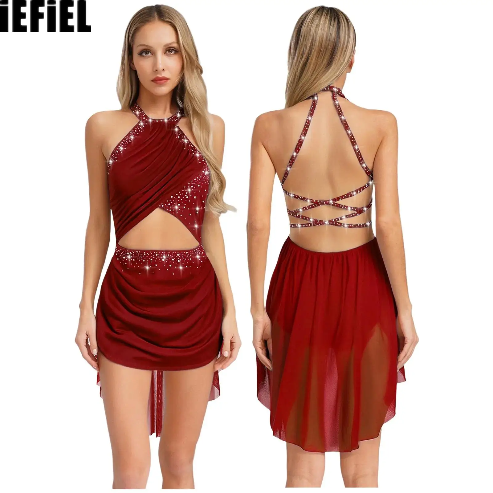 

Womens Lyrical Dance Dress Performance Costume Cutout Strappy Backless Sheer Mesh Overlay Glittery Rhinestone Leotard Dress