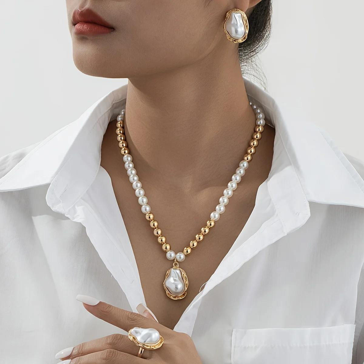 

4PCS Retro Elegant Lrregular Artificial Earrings Necklace Ring Set, Perfect for Women's Daily Wear Party Gift