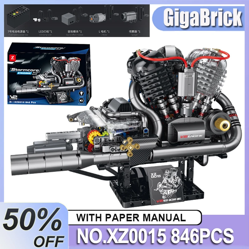 

XZ0015 MOC Crafted Two-cylinder V-shaped arrangement engine Building Blocks RC Motor Puzzle Assemble Bricks Kids Christmas Gifts