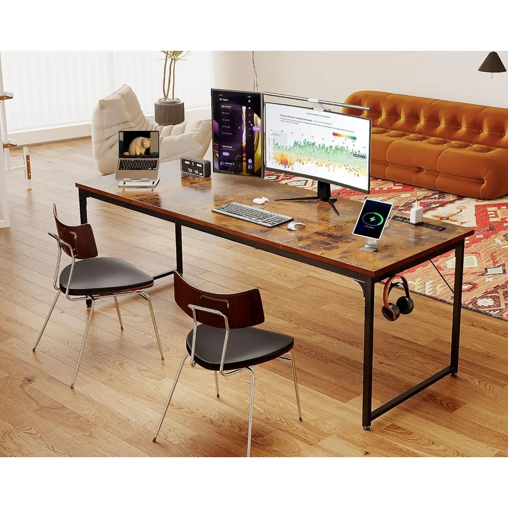 Coleshome 71 inch computerbureau met USB-poorten, groot bureau, lange studie studentenbureaus, rustiek bruin, directiebureau