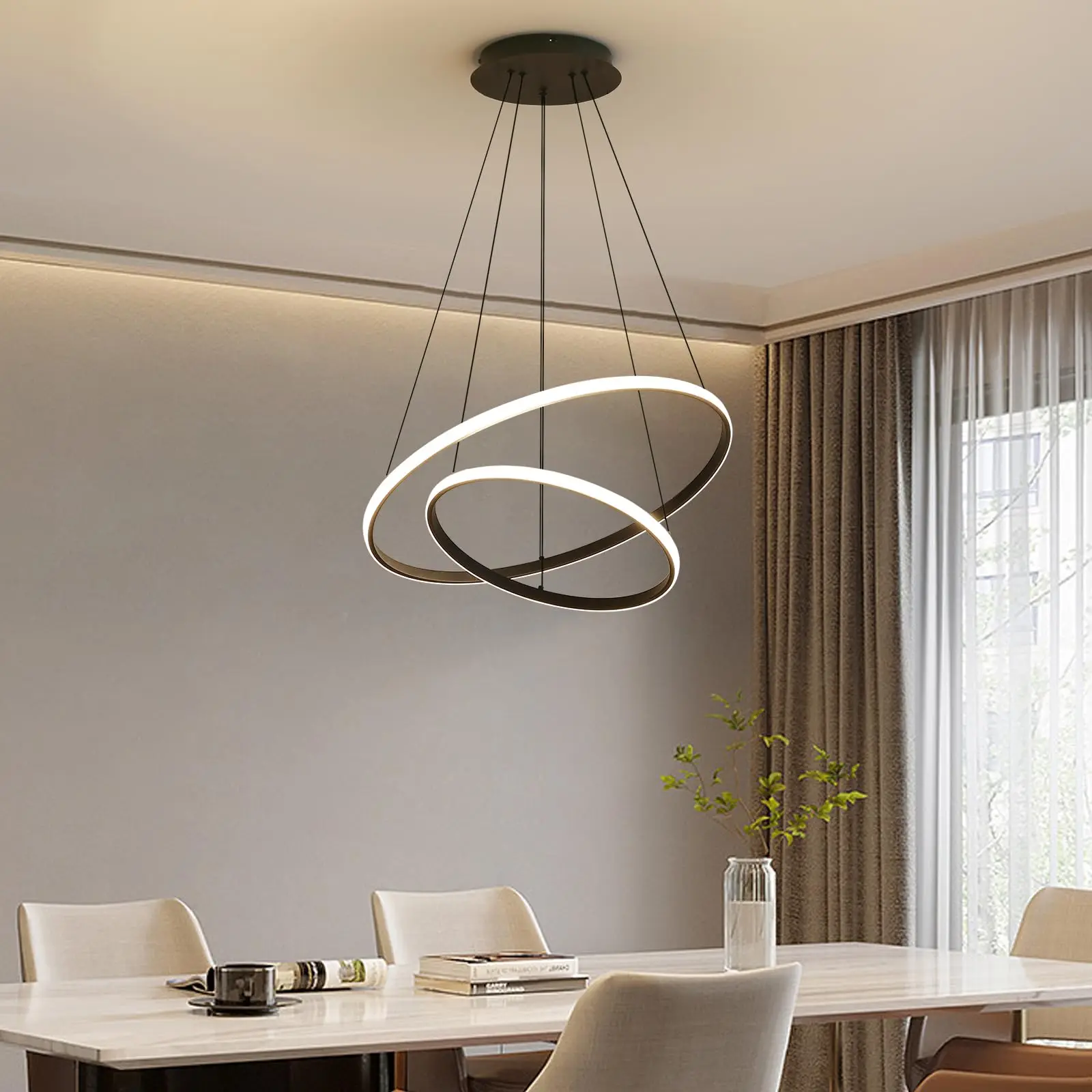 2 Rings LED Pendant Lamp Dining Room Lamps Circle Ceiling Hanging Chandelier Dimmable Black Lustre Living Room Home Decoration