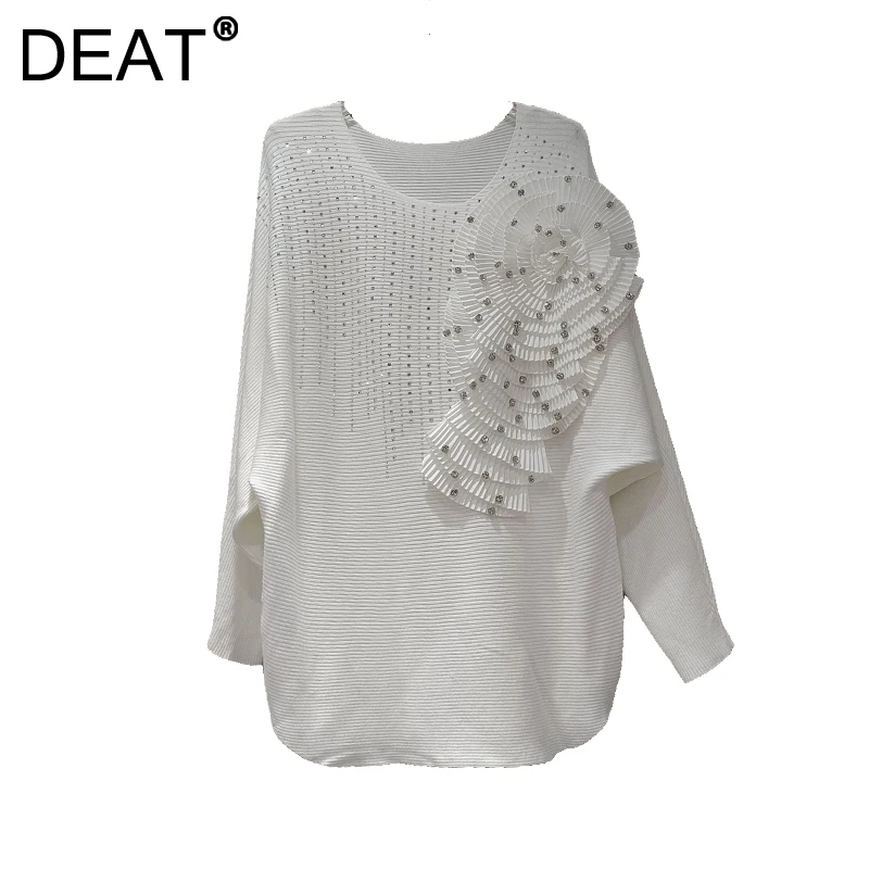 DEAT Women's Knitted Pullover White Spliced Flowers Crystal Loose Batwing Sleeve O-neck Sweaters 2025 New Fashion Spring 29L9411