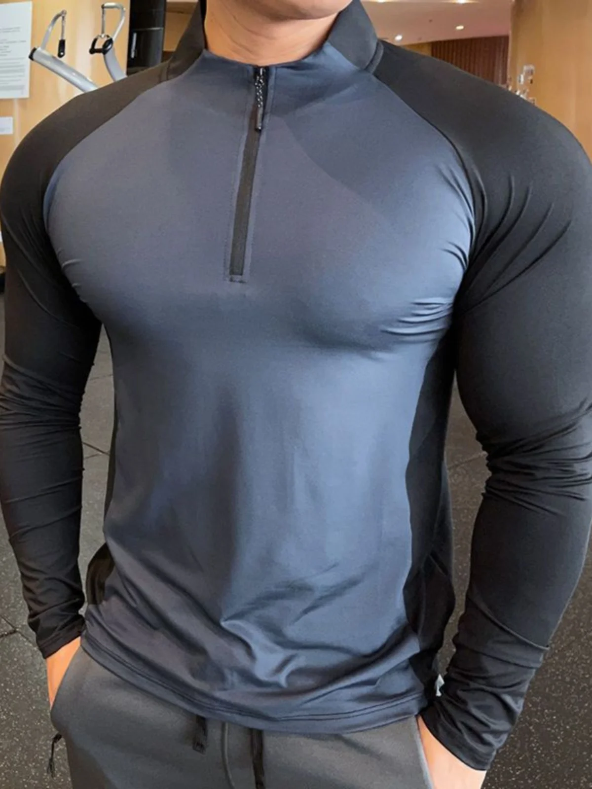 Men's Running Long Sleeve T-Shirt Quick Dry Zipper High Collar Fitness Sun Protection Casual Top Antibacterial Polyester Fiber