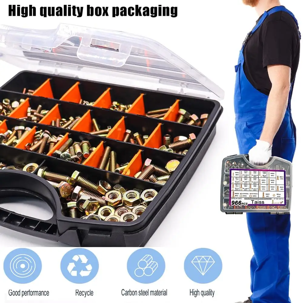 966개 미터법 볼트 모음 키트 M4 M5 M6 M8 8.8등급 헤비 듀티 볼트 너트 와셔 DIY 가구 오토바이 자동차 수리용