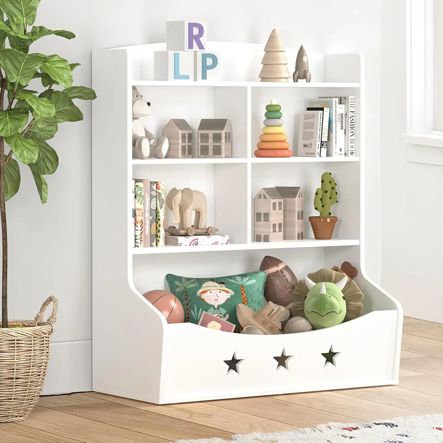 Bookshelf, Three-and-a-Half Tier Wooden Bookcase, Bookshelf for Playing Room, Nursery, Bedroom, Toy Storage Cabinet with 5 Cube