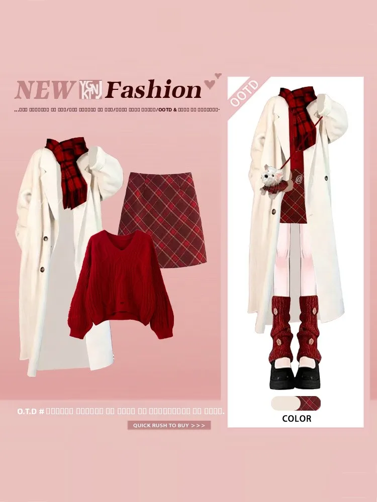 

Korean Sle College Faion Women's Winter High-End Coat Sweater Red Plaid Skirt Tee-Piece Set Versatile Ele