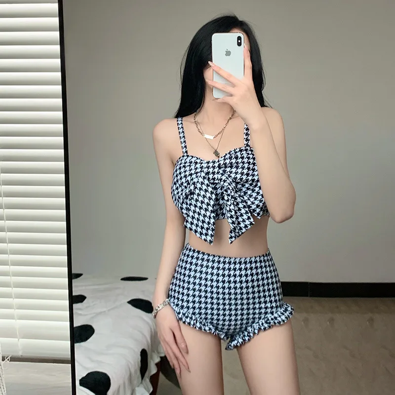 Conjunto de biquíni sexy sem costas estilo coreano feminino, maiô xadrez push up, moda praia bandagem, verão, 2022, 2 peças