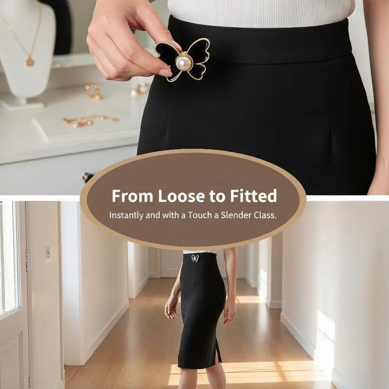Butterfly Waist Cinching Buckles with Pearl Decor 2Pcs Nail Free Removable for Women Jeans Skirts Waist Size Adjustment