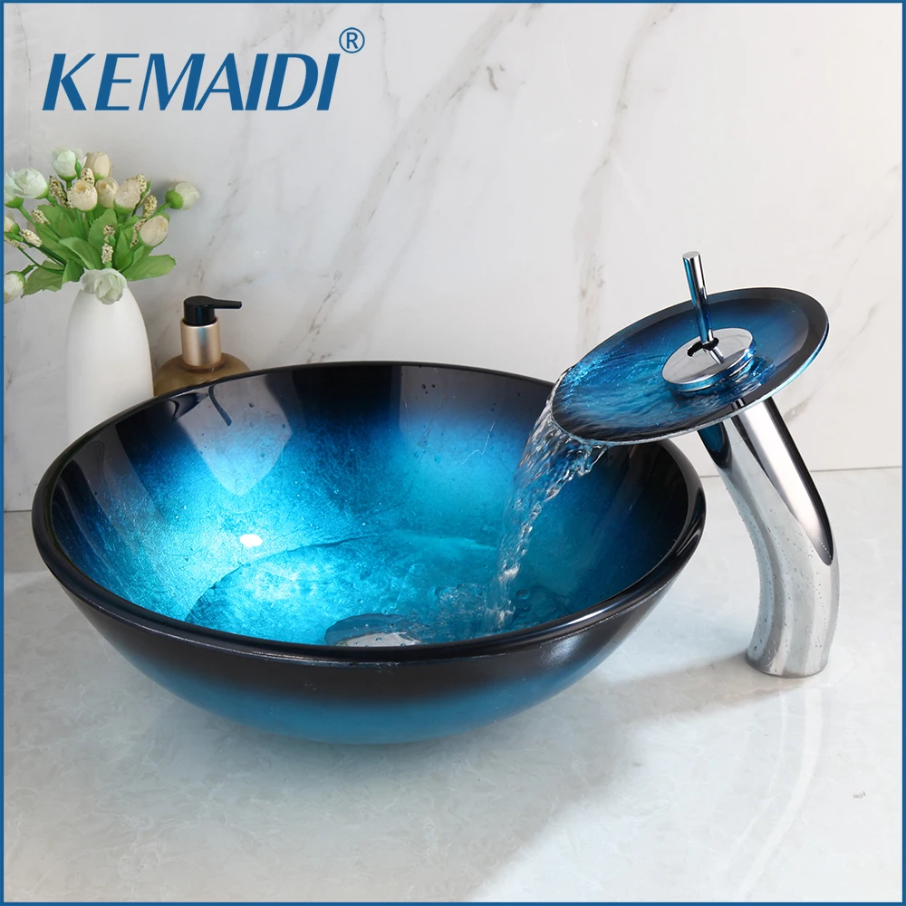 KEMAIDI Blue Ocean Tempered  Glass Basin Sink Bathroom Waterfall Washbasin Lavatory  Combine Vessel Vanity Tap Mixer Faucet Set