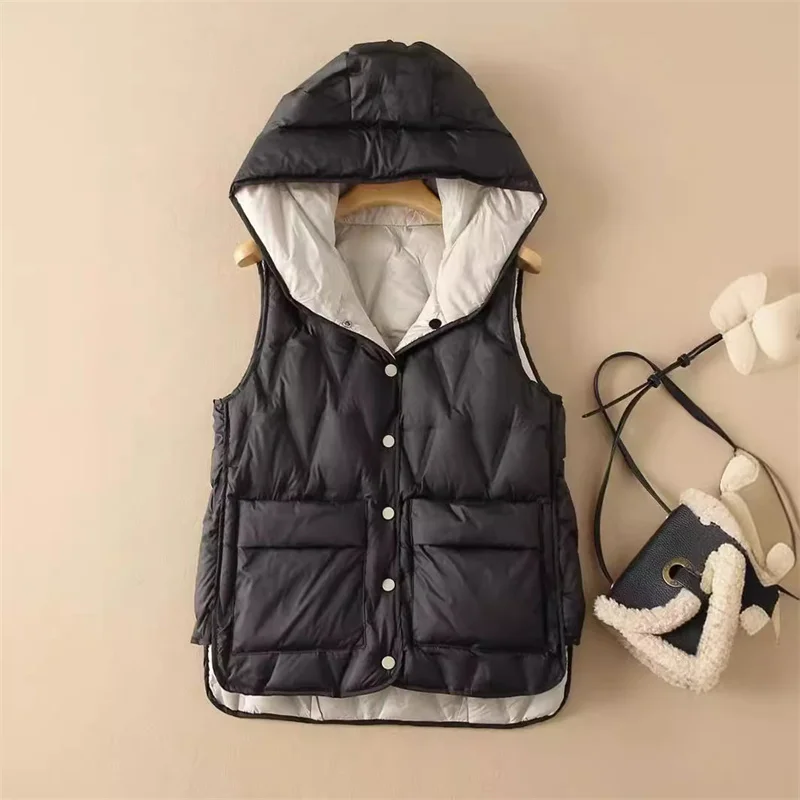 Autumn Winter Light Thin White Duck Down Vest Coat Women Warm Down Waistcoat Jakcet Ladies Loose Bigsize Sleeveless Hooded Tank