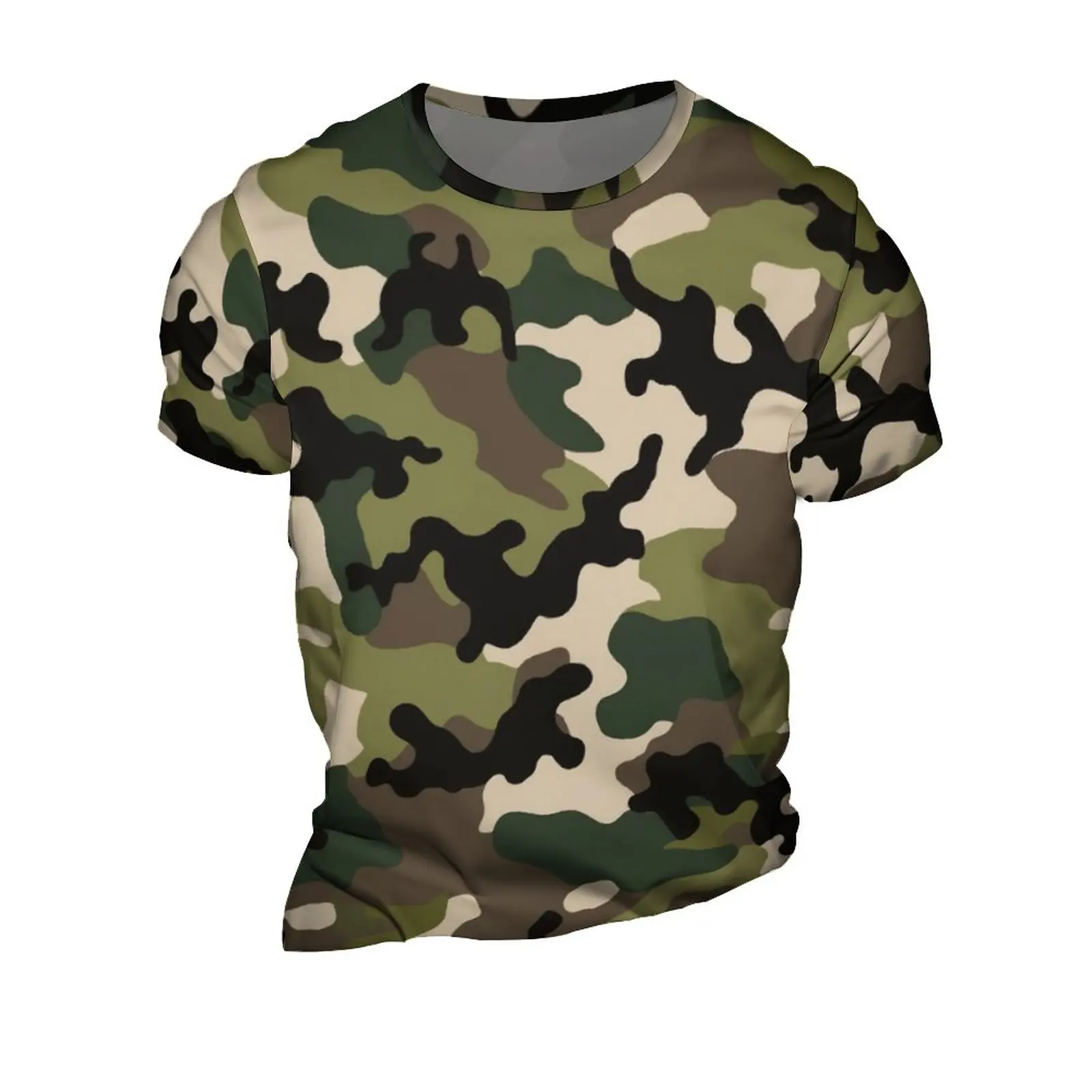 Military-Inspired 3D T-shirt with Green, Black, and Brown Camo Print