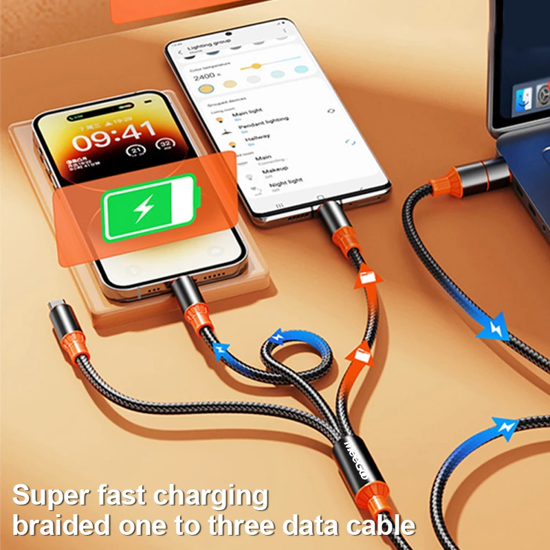 MeeGoo 5A 120W 3 in 2 Fast USB C Cable for Huawei/Honor Retractable Portable Micro USB Type C Charger Cord For iPhone Samsung
