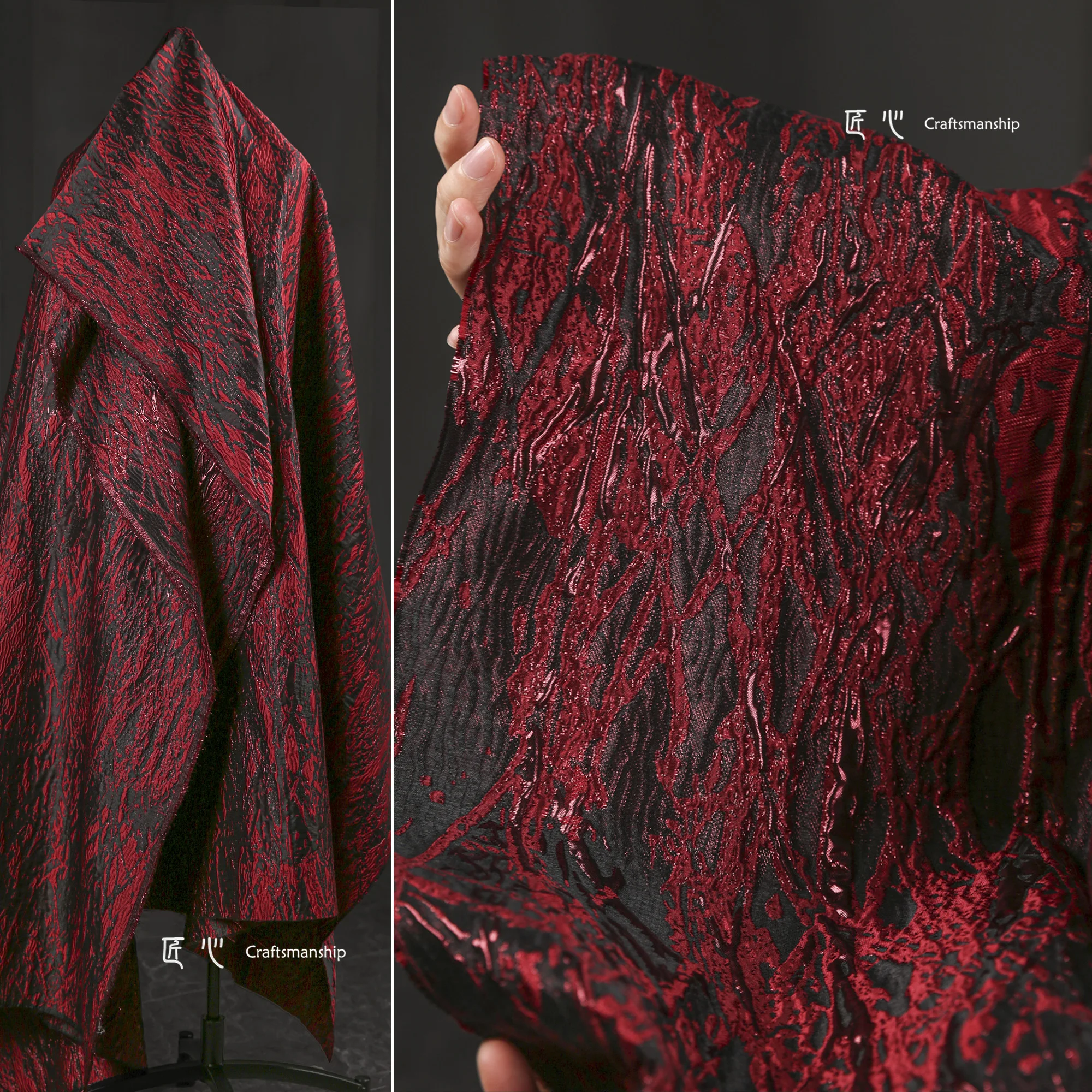 Fabric 142cmx50cm blended red and gold irregular veins gilt jacquard, heavy texture three-dimensional DIY coat jacket clothing