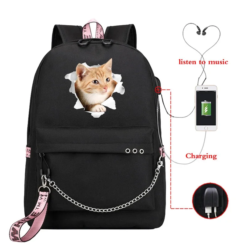 Adolescente saco de escola para meninas usb mochila saco gato impressão bookbags estudante médio saco preto viagem portátil bagpack