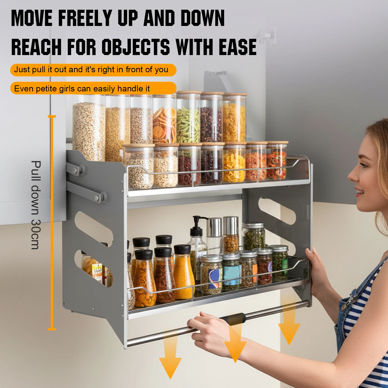 

Двухуровневая выдвижная корзина для хранения в шкафу, из нержавеющей стали 304, ширина 22-34 дюйма, для закусок, мисок и тарелок