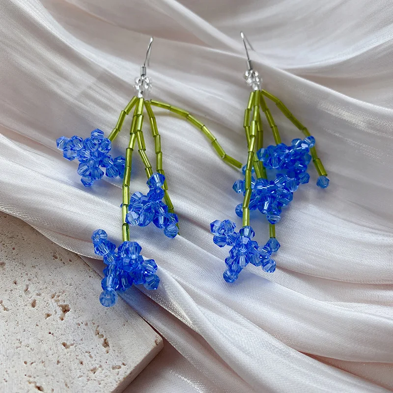 Handmade Blogger Wheat Ear Rape Flower Crystal Beaded Earrings Women's Small Fresh Ins Wind Summer Tide Flower Earrings