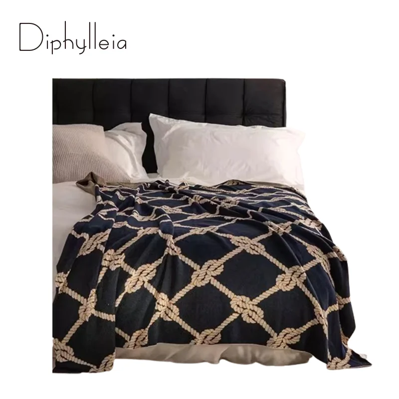 

Diphylleia Nautical Rope White On Navy Upholstery Blanket Luxury Jacquard Casual Throw Rug Blanket 130x160cm For Office Sofa Bed