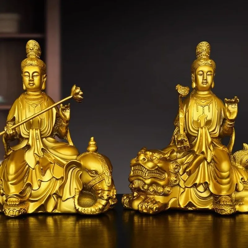 A pair of brass statues depicting Manjushri and Samantabhadra, with Manjushri riding a lion and Samantabhadra riding an elephant