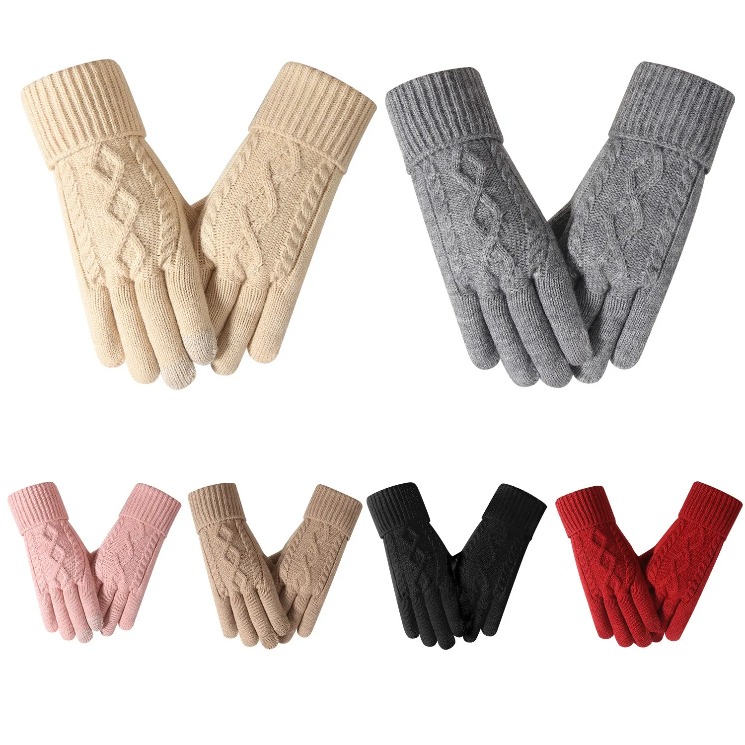 Gestrickte Touchscreen-Handschuhe für Damen für den Winter, modisches Zopfmuster, dick gefüttert, thermisch winddicht für Outdoor-Aktivitäten