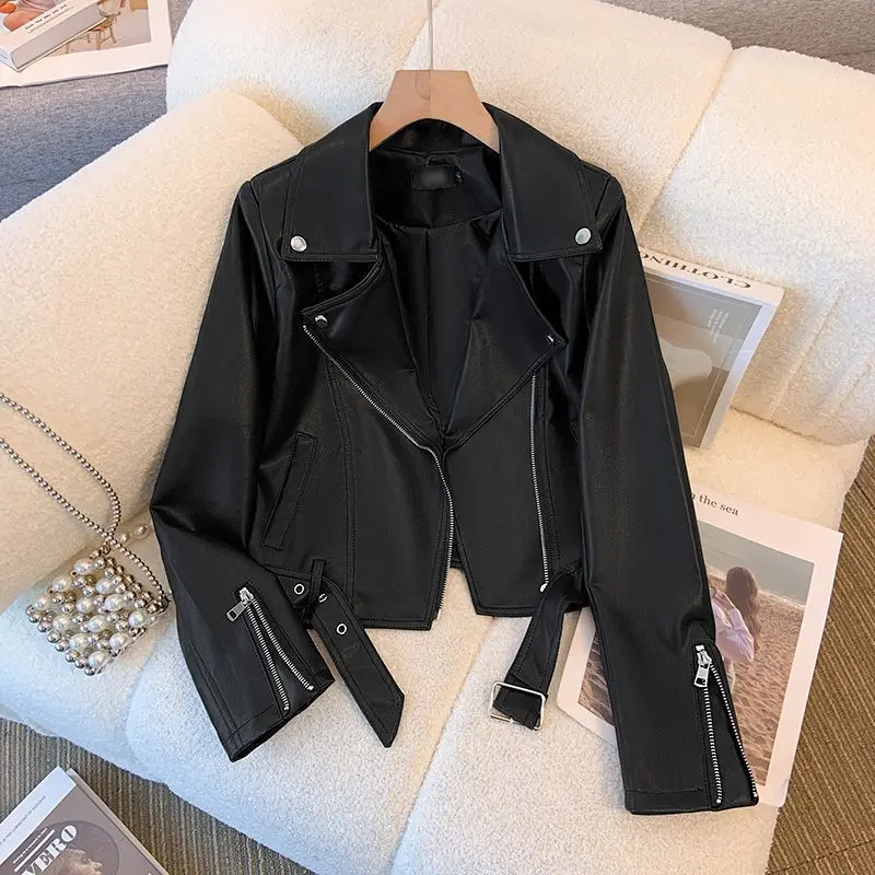 

Классические черные короткие пальто из искусственной кожи, тренд 2025 года, женские моторные куртки с отложным воротником, однотонная верхняя одежда с длинными рукавами