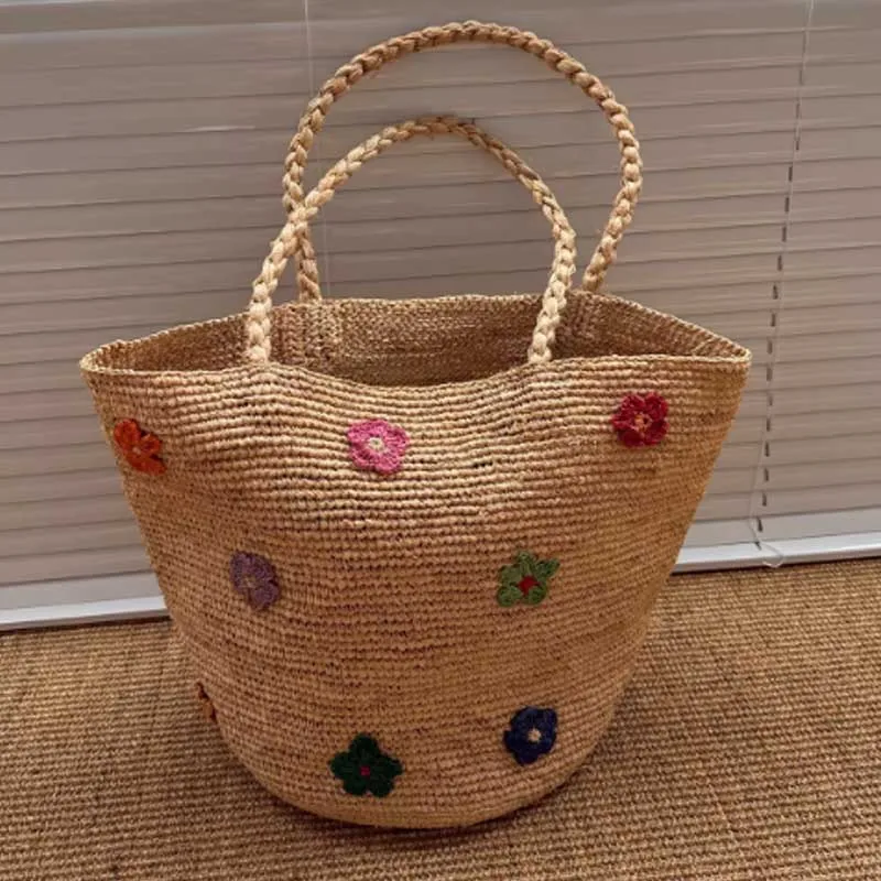 

New Lafite Grass Crafted Handmade Embroidered Flower Woven Handbag for Women Summer Beach Vacation Travel Single Shoulder Bag