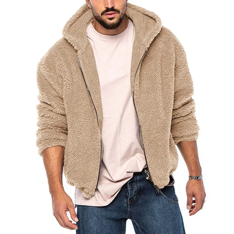 Autumn Winter Men's Soild Zipper Plush Warm Hoodies Sweatshirt Casual Double Sided Arctic Velvet Hooded Jacket Coat