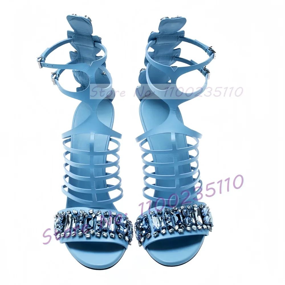 Pink Crystal Embellished Cage Sandals Women Double Ankle Straps Stiletto Shoes Cool Girls Summer Gem Cover Heel Dress Sandals view 6