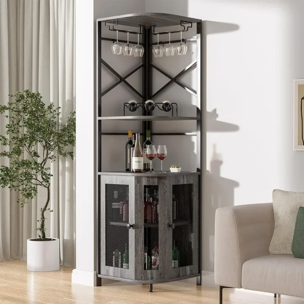 Bar Cabinet with Wine Rack and Glass Rack, Corner Cabinet with Adjustable Shelves, Home Wine Cabinet Bar,