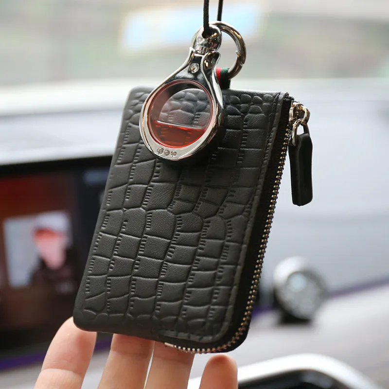 Retro Top Layer Leather Zipper Coin Purse Black Mini Genuine Leather Lightweight Crocodile Texture Card Holder Men's Key Pouch
