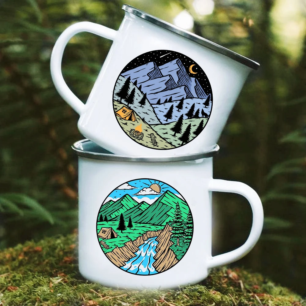 Mond Sonne Berge Druck Tassen Camping Emaille Tasse Abenteuer Lagerfeuer Party Bier Kaffee Tasse Berg Griff Tassen Geschenke für Camper
