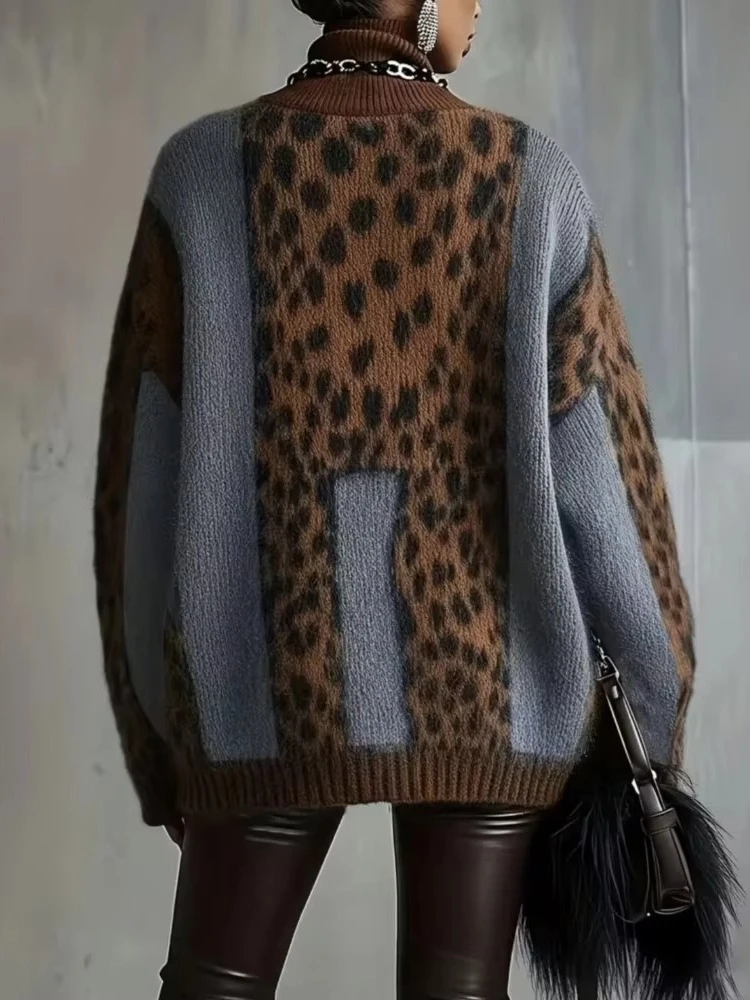 Autumn Winter Sexy Patchwork Leopard Print Woman Sweater Pullovers Turtleneck Loose Knitted Top Long Sleeve Warm Sweaters Jumper