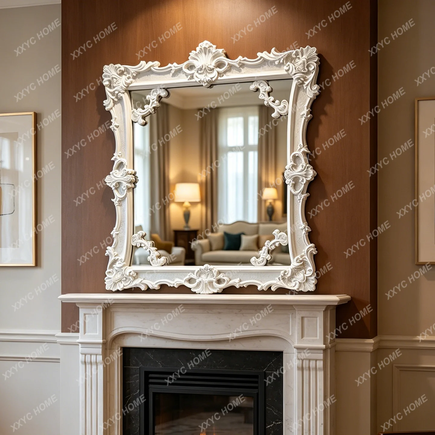 AA retro carved bathroom mirror  white decorative mirror above fireplace European light luxury