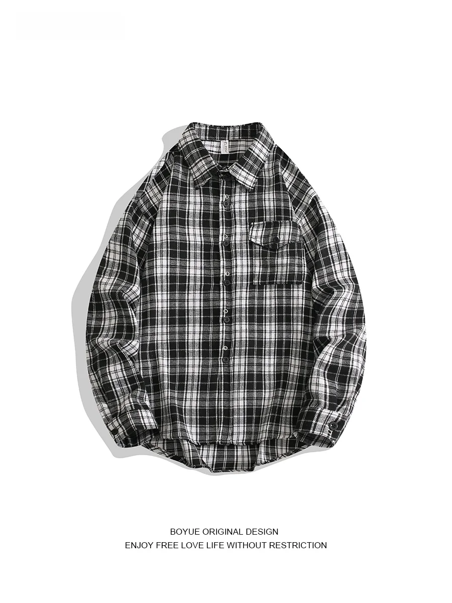 

Boyue Faion Workwear Plaid Brued irt American Sle Simple Loose Casual Men's irt Long Sve Flip Collar Four Seasons