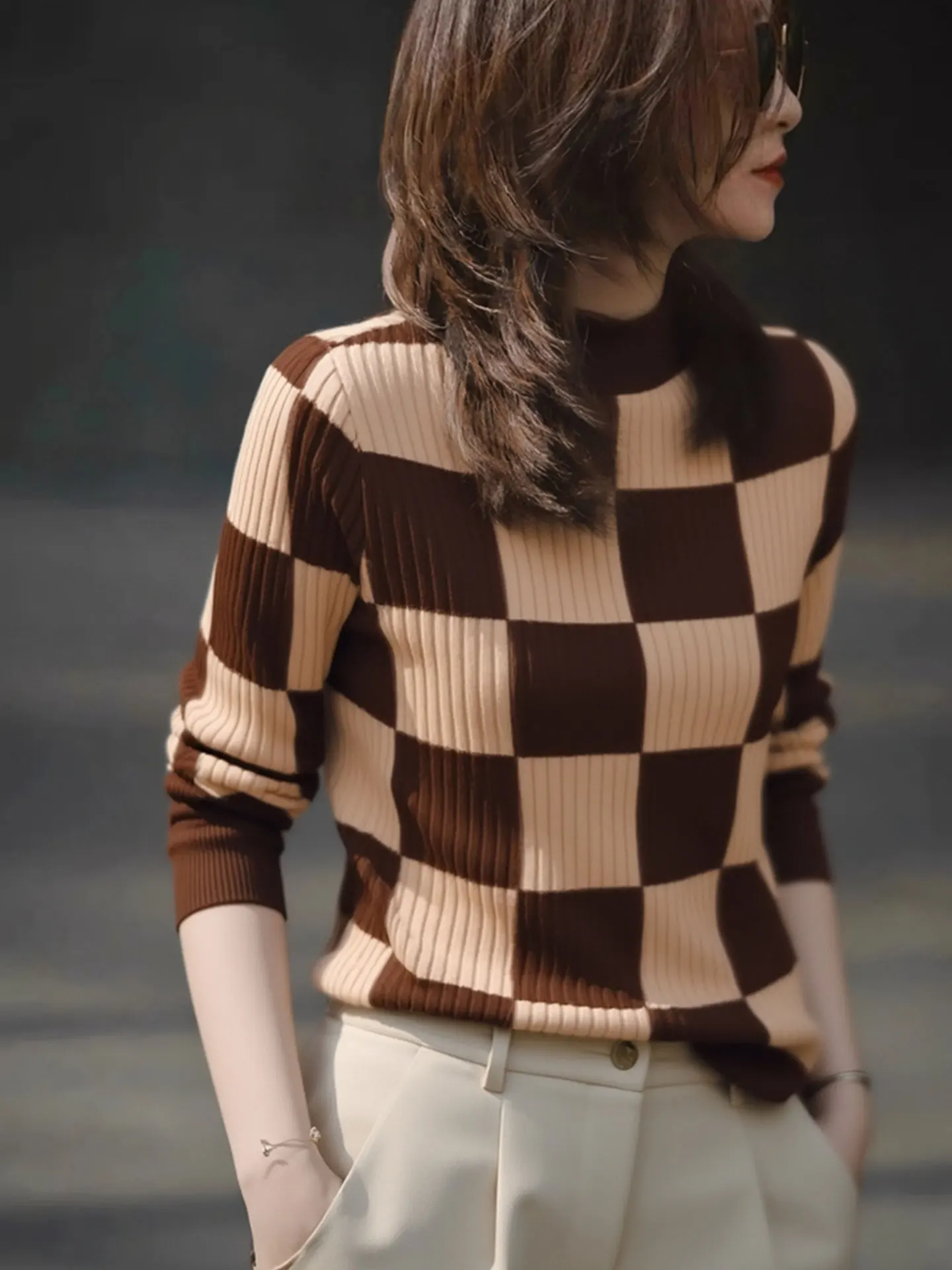 

Элитный европейский бренд: Теплый шерстяной свитер с длинным рукавом, в клетку, с цветовыми блоками, повседневный, универсальный, зимний, для женщин