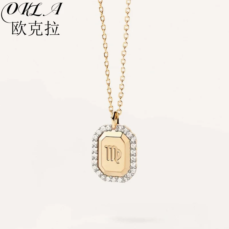 

Hot selling s925 pure silver twelve zodiac inlaid with white zirconia stone pendant necklace gift in Europe and America