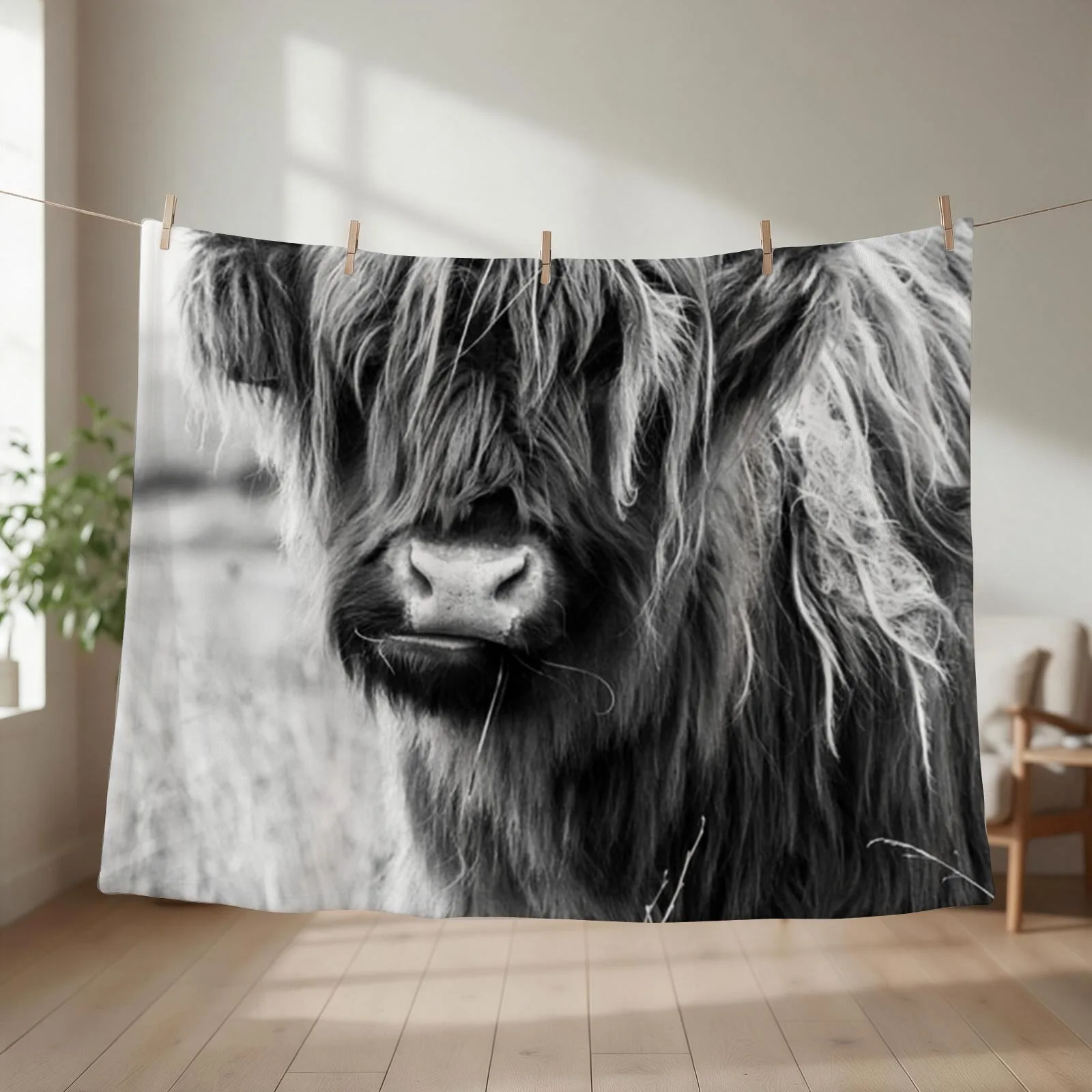 Highland Cow Portait, black and white Throw Blanket couch cozy soft plush fuzzy picnic outdoor blanket