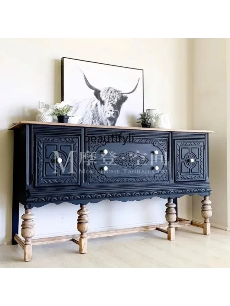 

xx1Retro entrance cabinet French solid wood carving flower foyer cabinet American old oak decorative dining side cabinet