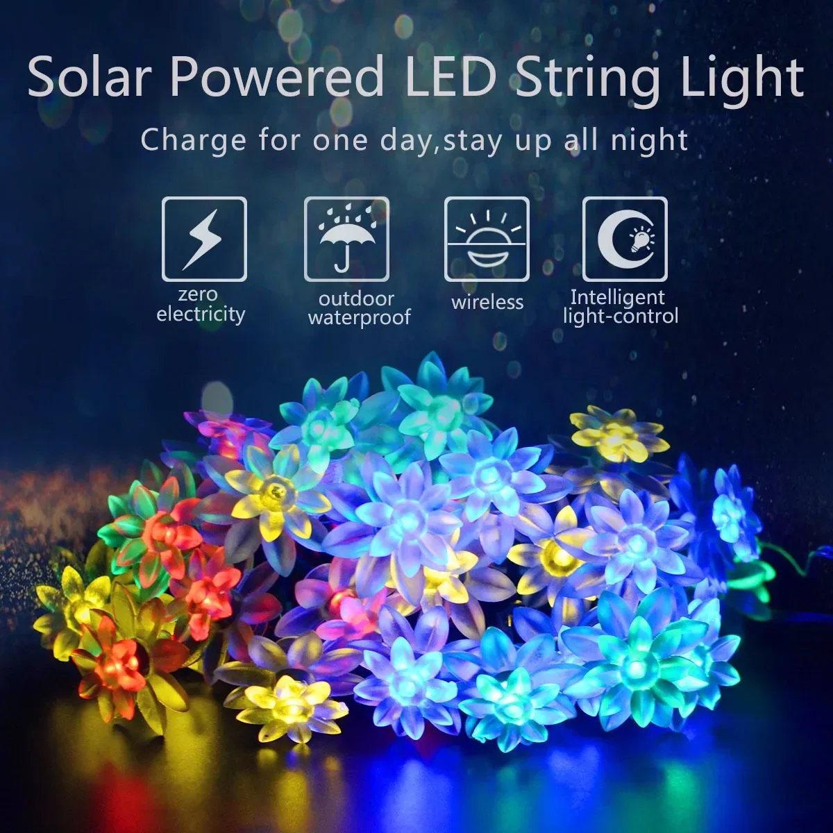 Solar Lotus String Lights para decoração de Natal e Ano Novo, lâmpadas decorativas ao ar livre, guirlandas de flores Flash, Fairy Light, 20-100LED