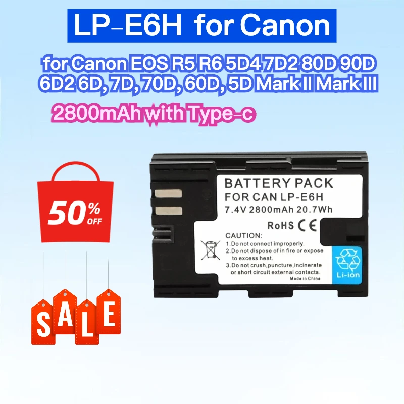 Type-c Fully Decoded LP-E6H 2800mAh Li-ion Battery for Canon EOS R5 R6 5D4 7D2 80D 90D 6D2 6D, 7D, 70D, 60D, 5D Mark II Mark III