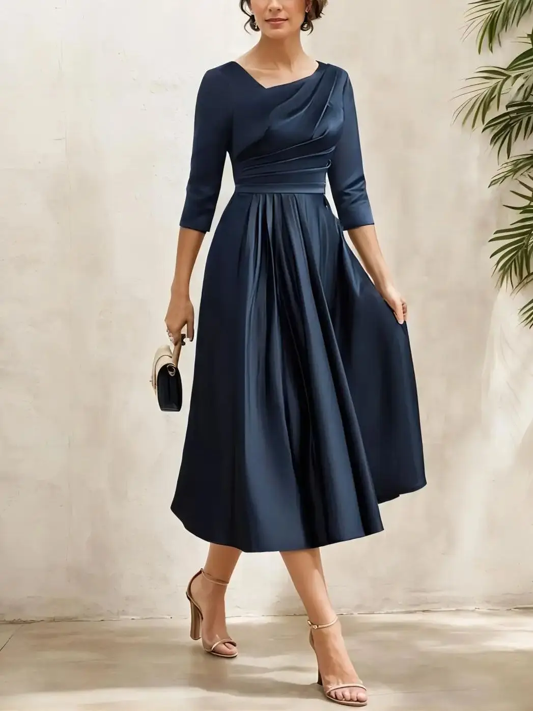 

Elegant A-line Mother of the Bride Dress 3/4 Sleeve Asymmetrical Neckline Pleated Satin Tea-Length Dress 2025 free customized