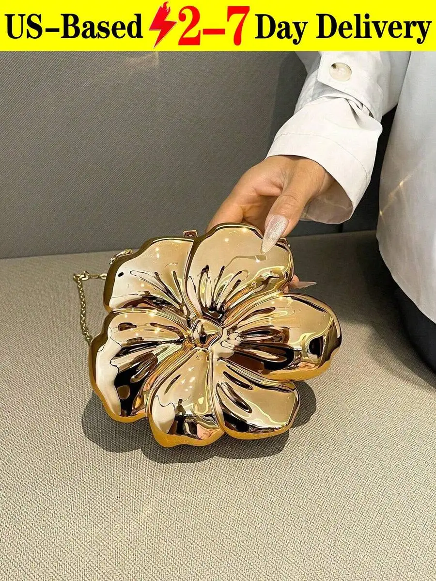 

Metallic Flower Shape Evening Clutch Bag With Detachable Chain Strap For Wedding Party Formal Dress
