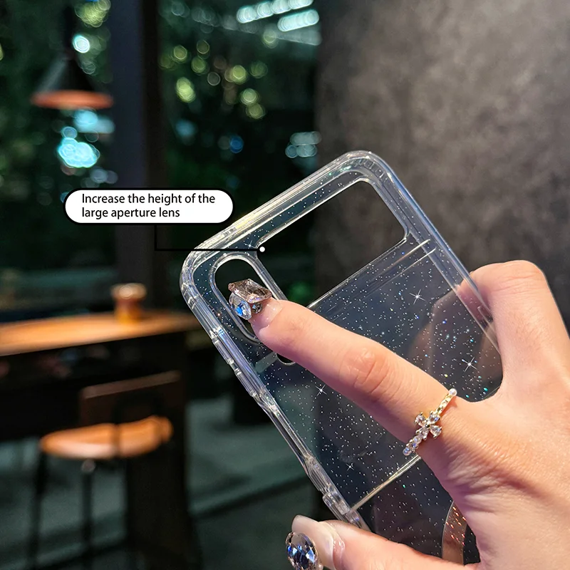 Luxo glitter capa traseira para samsung galaxy z flip6 z flip5 flip4 flip 3 tela dobrável à prova de queda magnética transparente brilhante