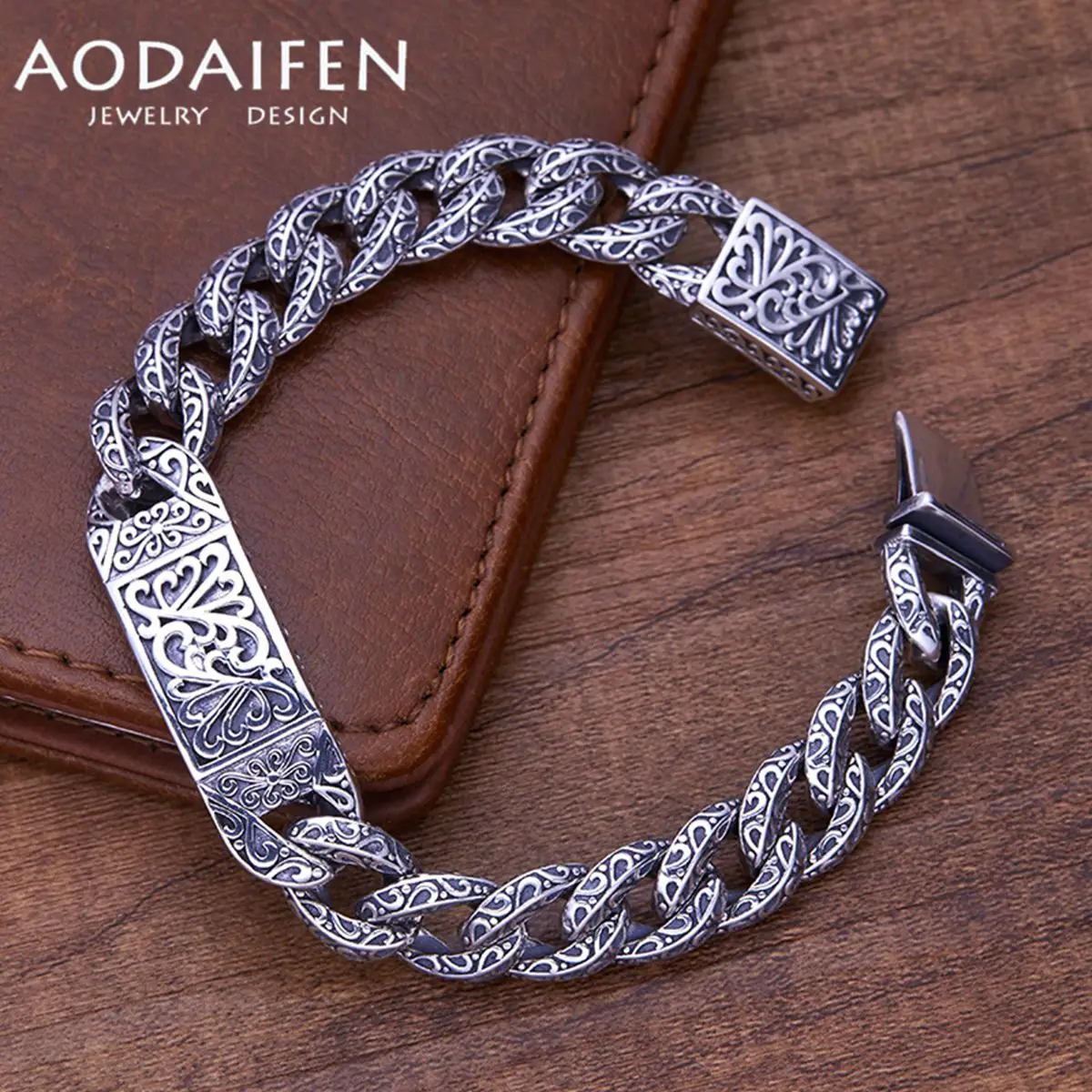 AODAIFEN 925 Sterling Silver 11mm Retro Tang Grass Vine Pattern Pin Buckle Men's and Women's Bracelet Fashion Trend Jewelry Gift