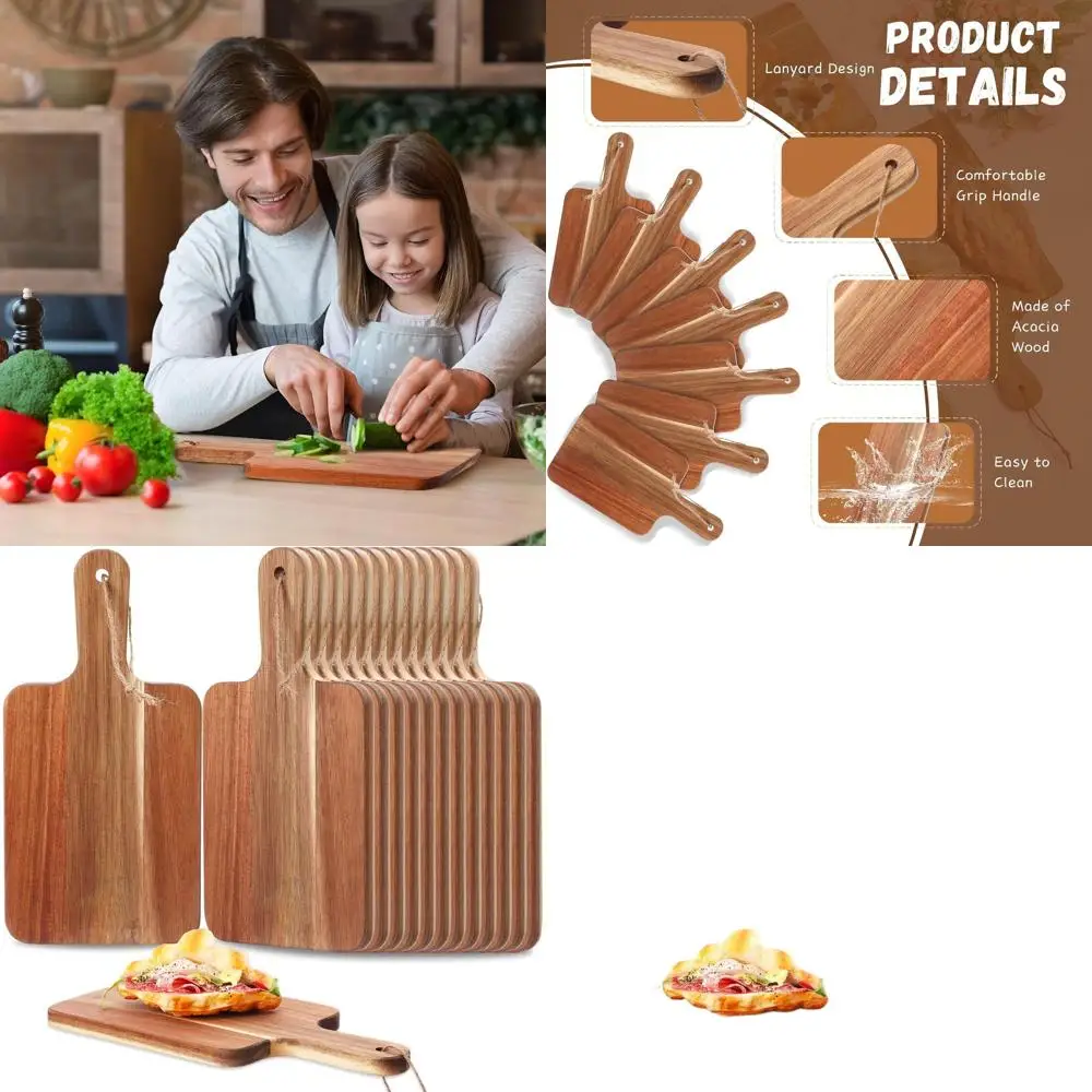 

Set of 16 Acacia Wood Chopping Boards with Handles - 12x6 Inches, Ideal for Kitchen Prep and Serving