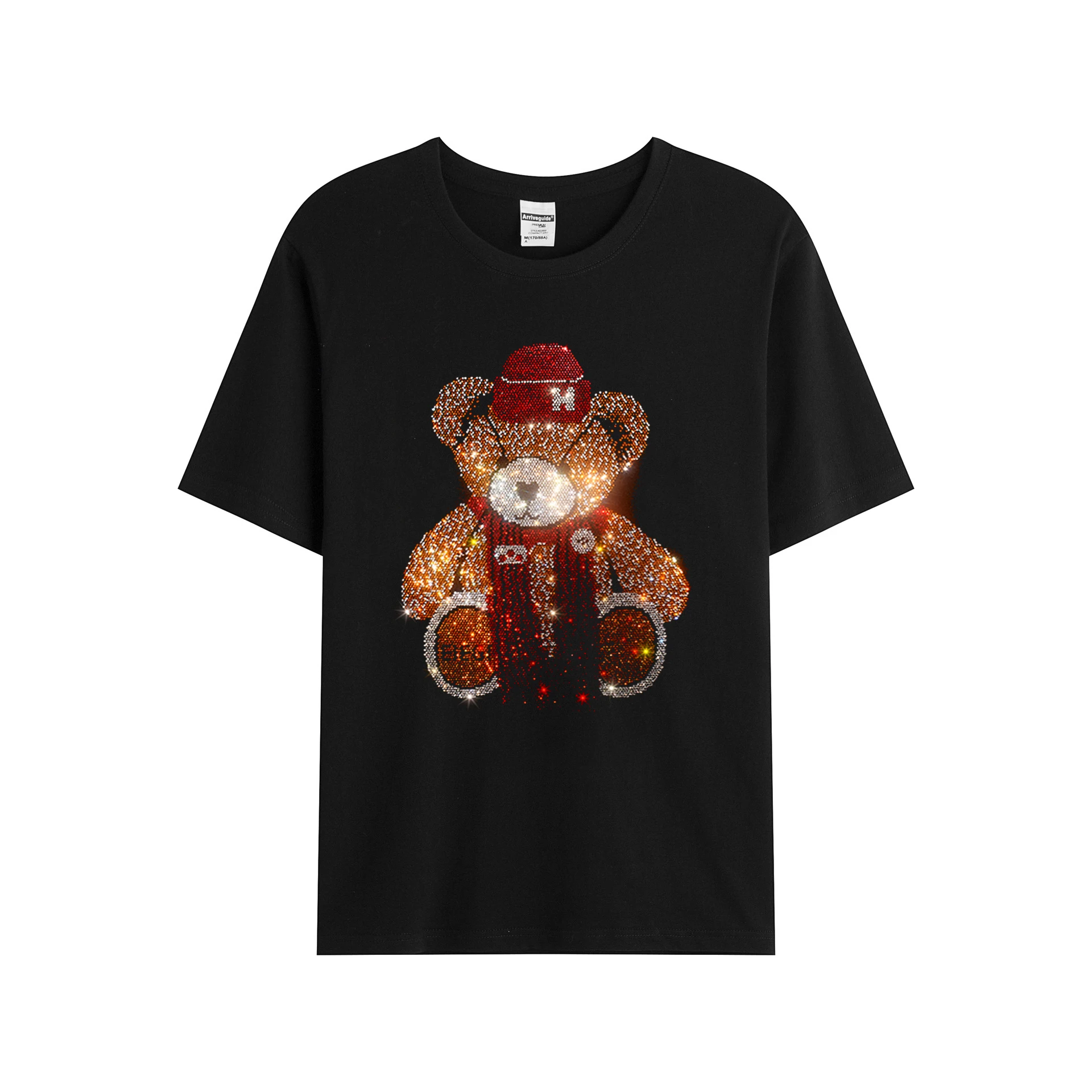 New men's summer casual short-sleeved T-shirt New rhinestone flash hot diamond cute and festive bear T-shirt