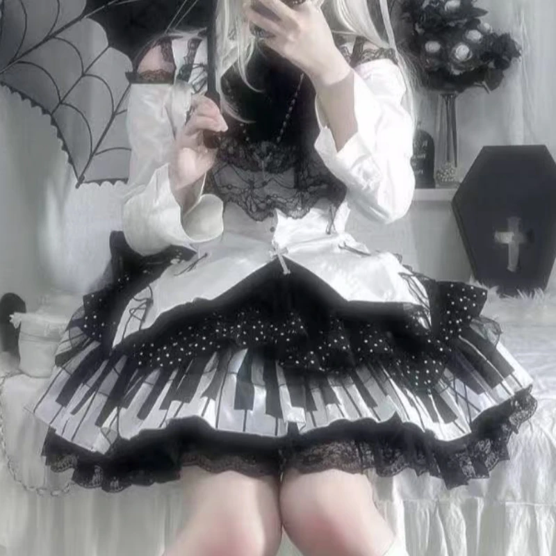 Retro Harajuku Punk Piano Key Wave Dot Lace Mini Skirts Japanese Gothic Lolita Kawaii Cake Skirt Fairy Grunge Y2k Women Skirts