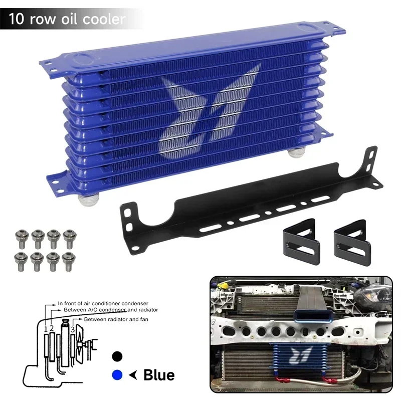 10 Row Universal LINESRACING AN10  Aluminum Oil cooler W/ 262mm Mounting Bracket Kit Trust Type Black/Blue