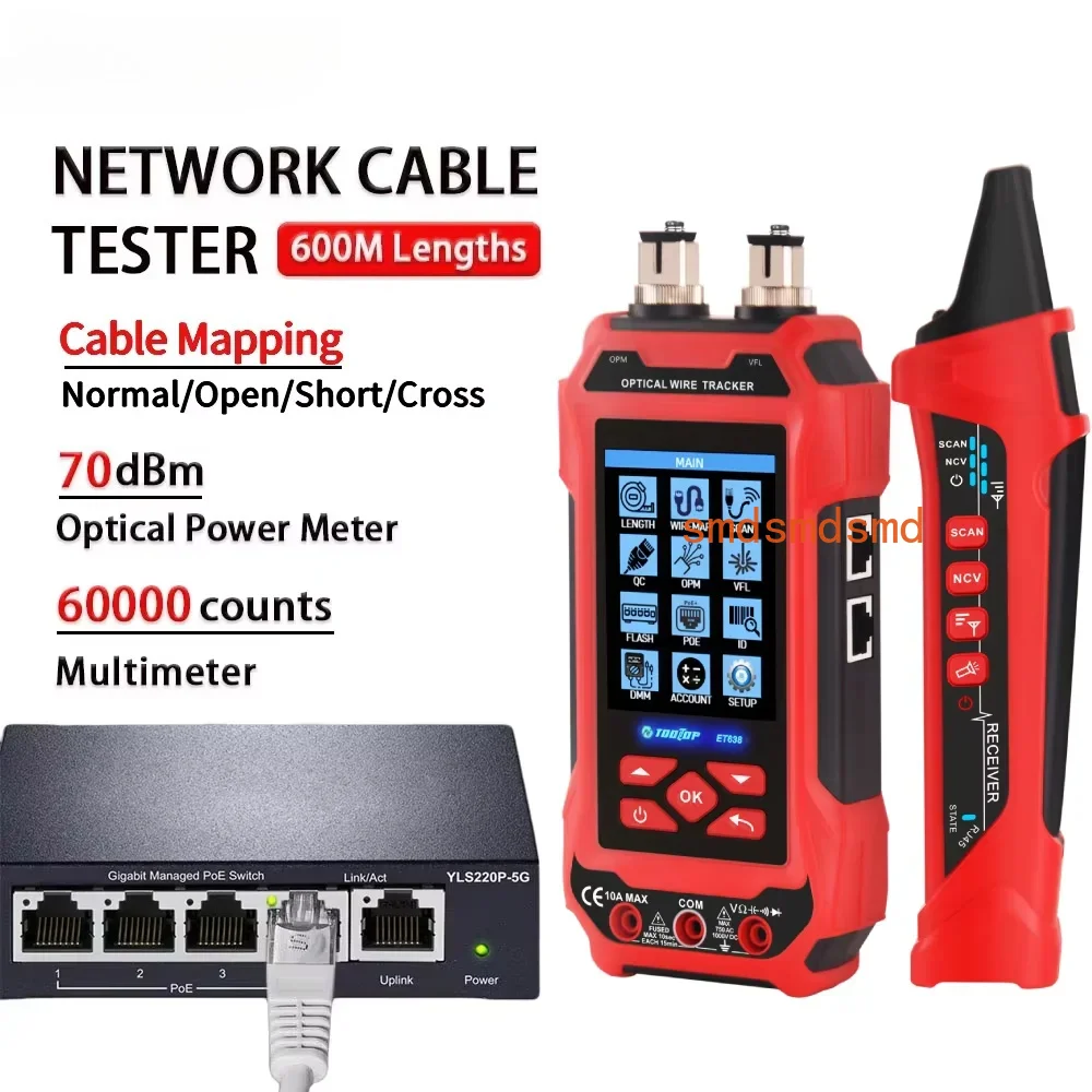 ET638 Network Cable Tester 60000 counts Multimeter Optical Power Meter POE Test Lan Network Tester with 7pcs ID Remote
