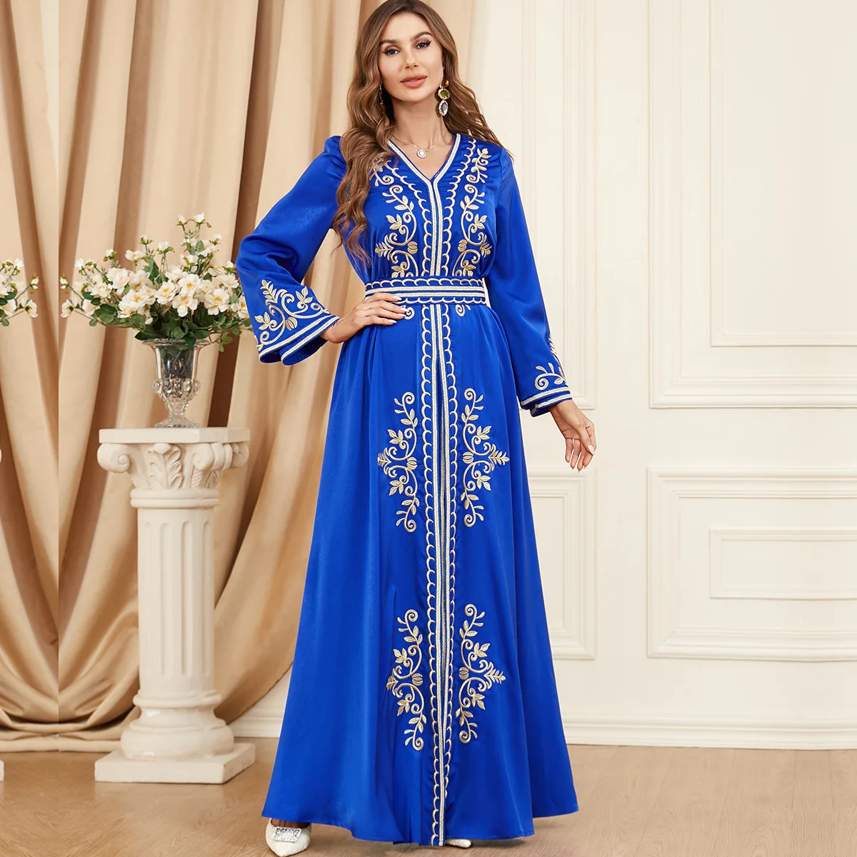 3346 muslim set long with slit long sleeves autumn and winter women's wear,  paired with embroidered clothes, two-piece dress